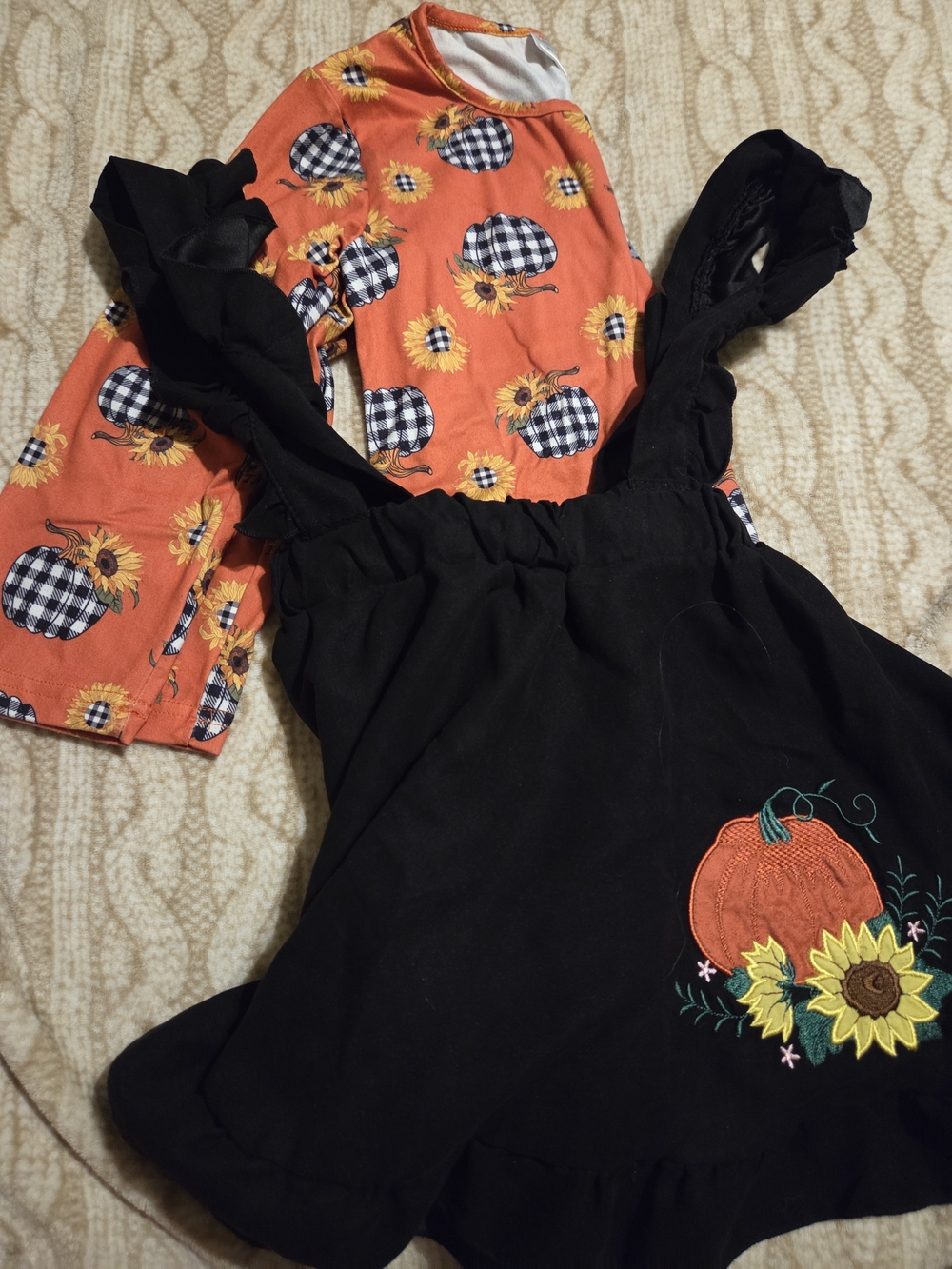 Girls Fall Pumpkin Sunflower Outfit - Orange & Black